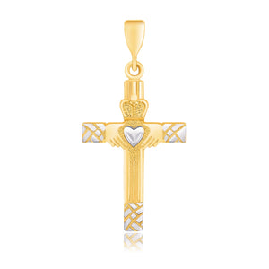 Brand New 14k Two-Tone Gold Cross Pendant with a Claddagh Motif