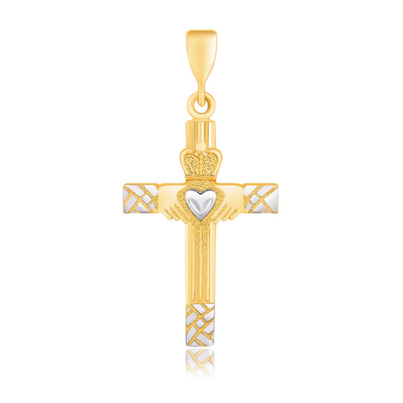 Brand New 14k Two-Tone Gold Cross Pendant with a Claddagh Motif