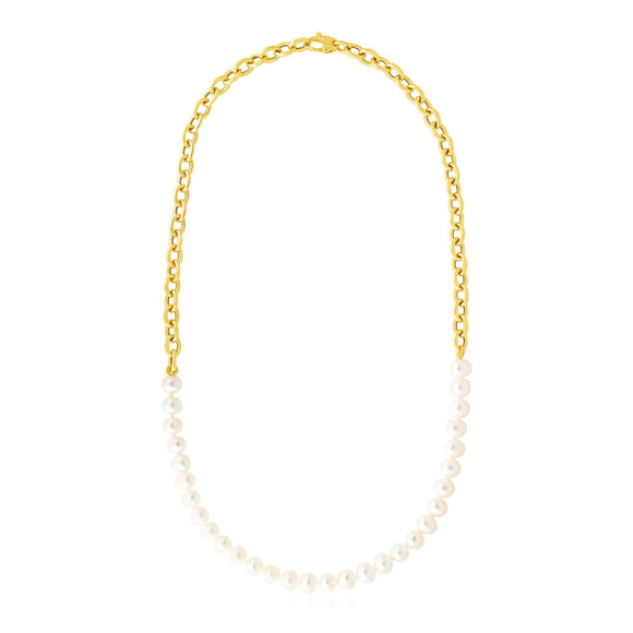 Brand New 14k Yellow Gold Oval Chain Necklace with Pearls