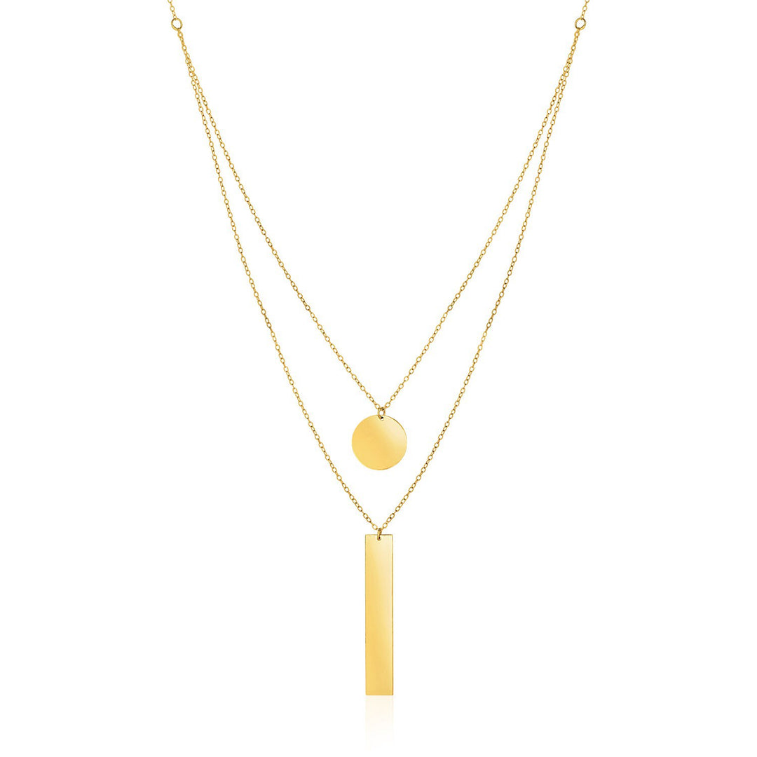 Brand New 14k Yellow Gold 18" Two Strand Necklace with Circle and Bar Pendants