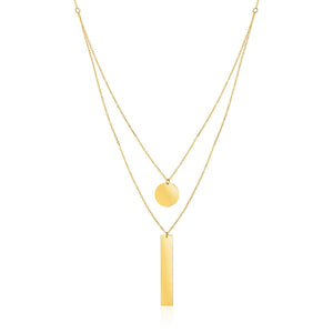 Brand New 14k Yellow Gold 18" Two Strand Necklace with Circle and Bar Pendants