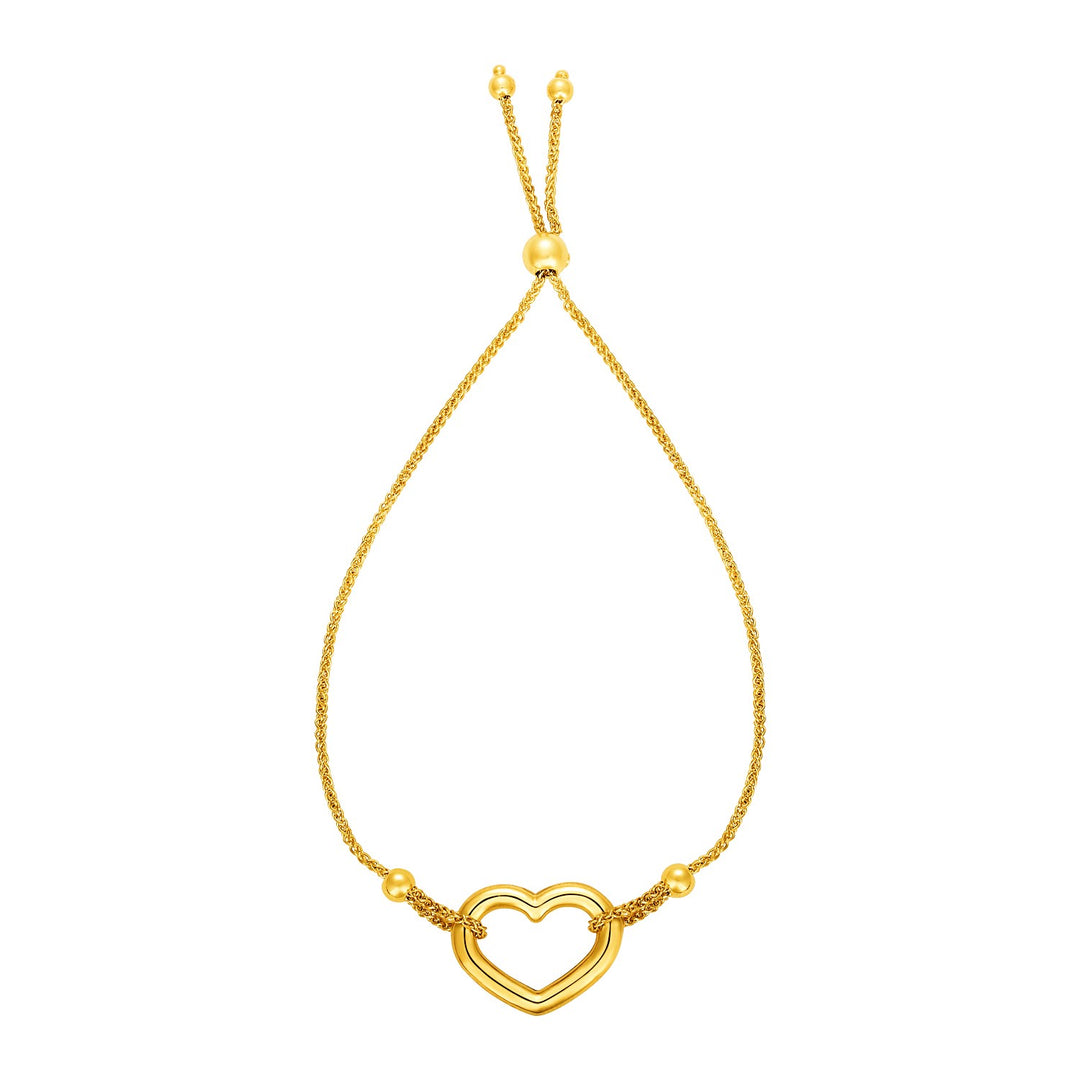 Brand New Adjustable Bracelet with Shiny Open Heart in 14k Yellow Gold (1.00 mm)