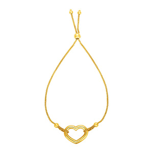 Brand New Adjustable Bracelet with Shiny Open Heart in 14k Yellow Gold (1.00 mm)