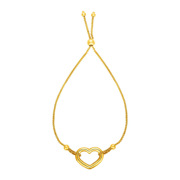 Brand New Adjustable Bracelet with Shiny Open Heart in 14k Yellow Gold (1.00 mm)