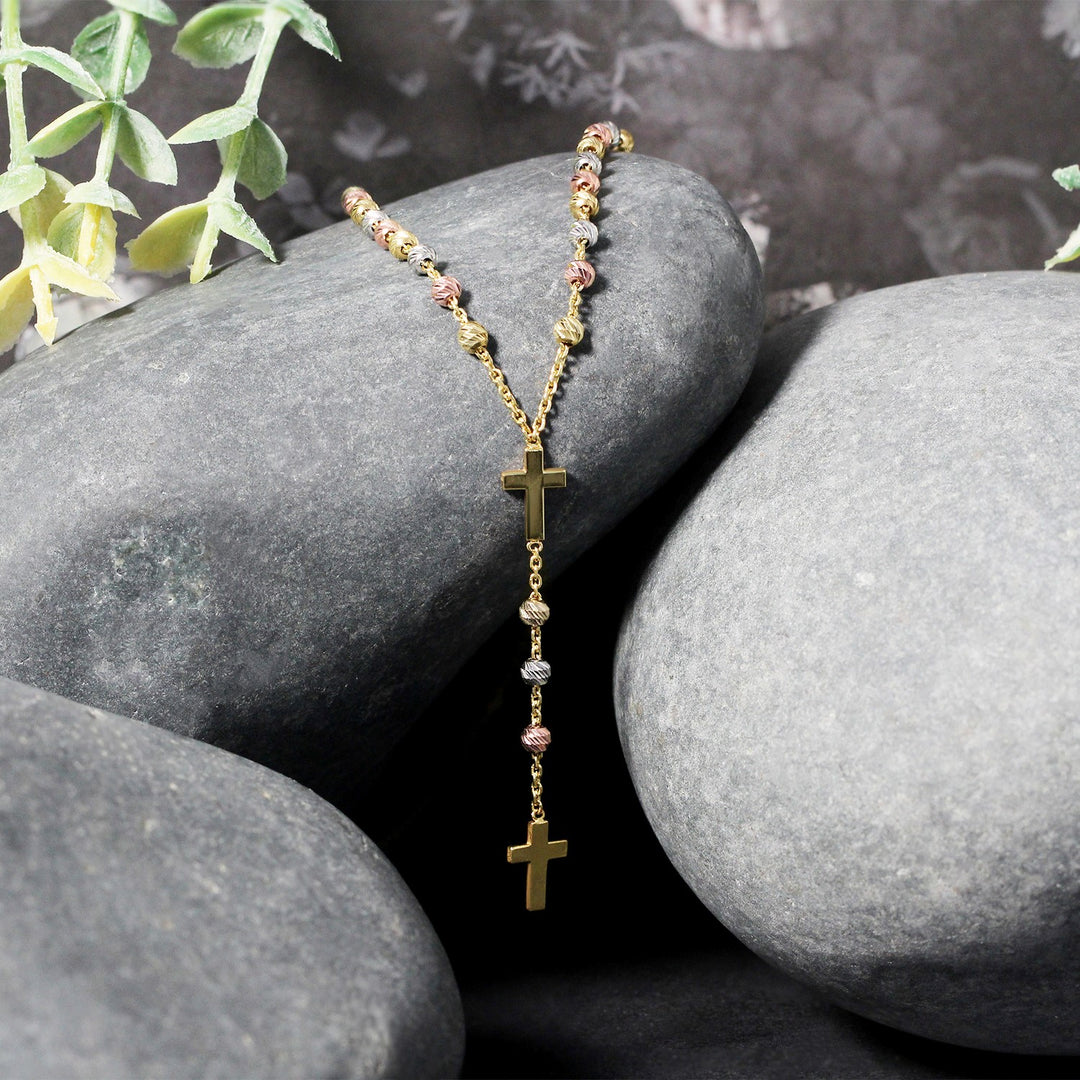 Brand New 14k Tri-Color Gold Rosary Chain Necklace