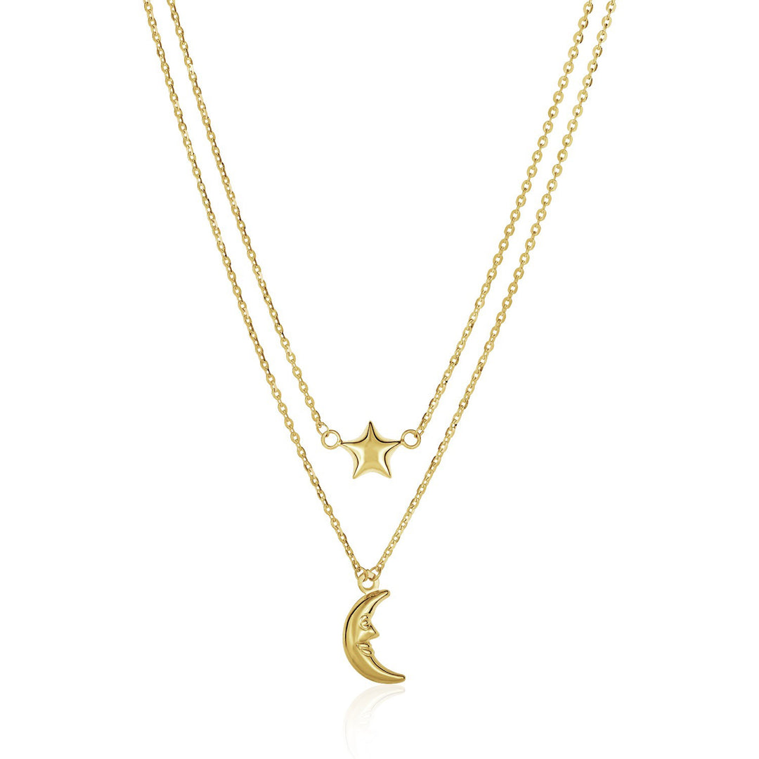 Brand New 14k Yellow Gold Double-Strand Chain Necklace with Puff Moon and Star