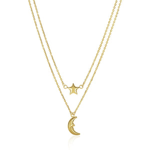 Brand New 14k Yellow Gold Double-Strand Chain Necklace with Puff Moon and Star