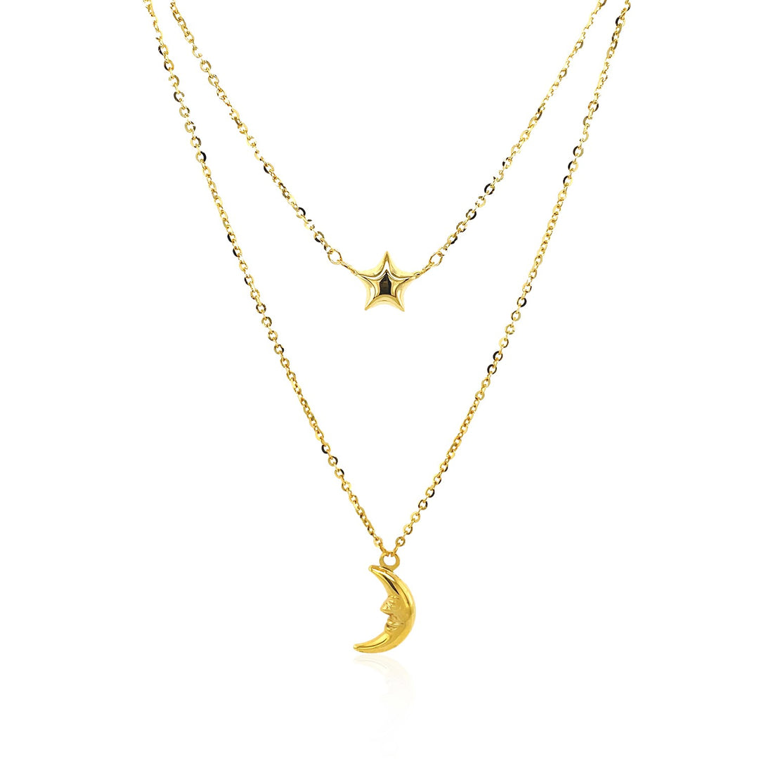 Brand New 14k Yellow Gold Double-Strand Chain Necklace with Puff Moon and Star