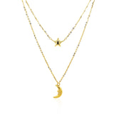 Brand New 14k Yellow Gold Double-Strand Chain Necklace with Puff Moon and Star