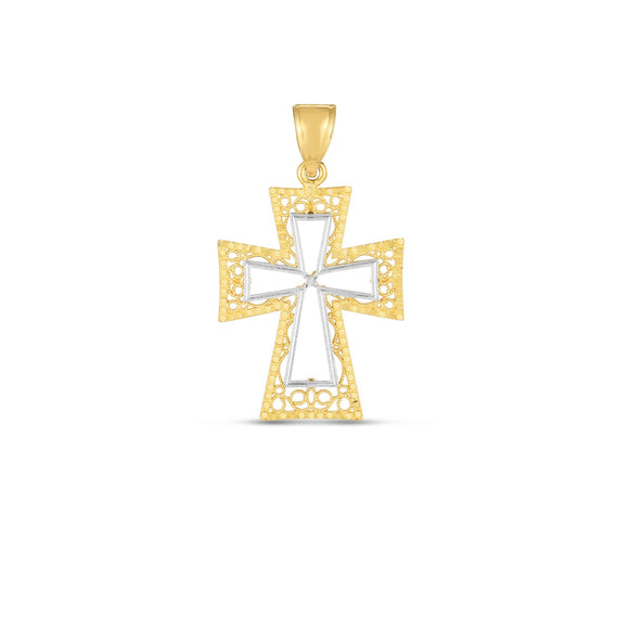 Brand New 14k Two Tone Gold High Polish Diamond Cut Cross Pendant