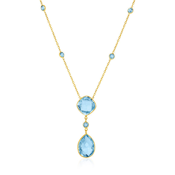 Brand New 14k Yellow Gold Necklace with Pear-Shaped and Cushion Blue Topaz Briolettes