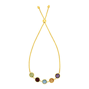 Brand New Adjustable Bracelet with Multicolored Round Gemstones in 14k Yellow Gold