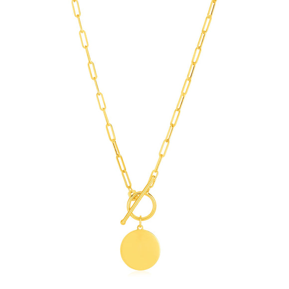 Brand New 14k Yellow Gold Paperclip Chain Necklace with Circle Pendant