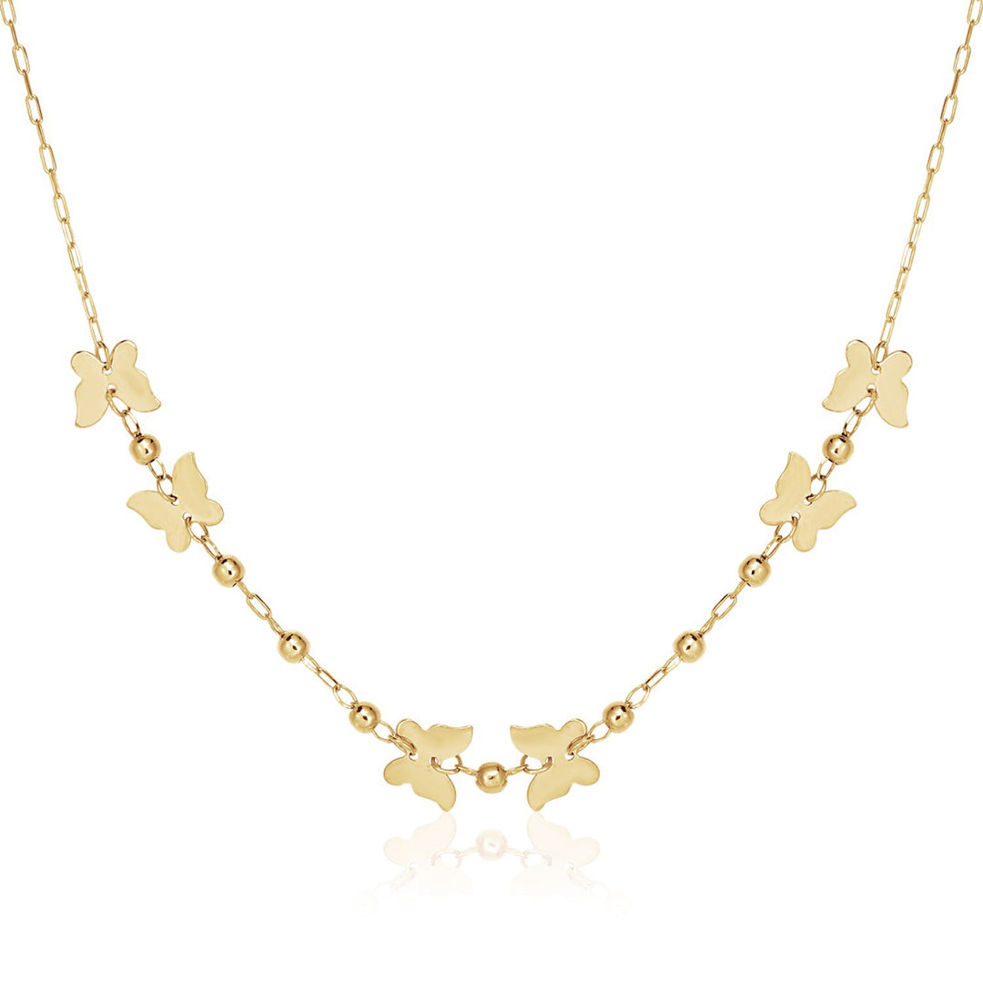 Brand New 14k Yellow Gold 18 inch Necklace with Polished Butterflies and Beads