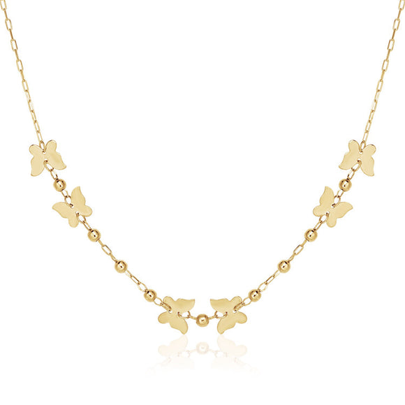 Brand New 14k Yellow Gold 18 inch Necklace with Polished Butterflies and Beads