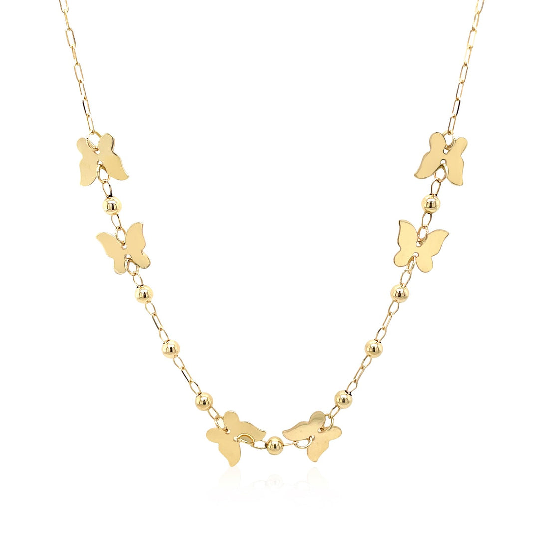 Brand New 14k Yellow Gold 18 inch Necklace with Polished Butterflies and Beads