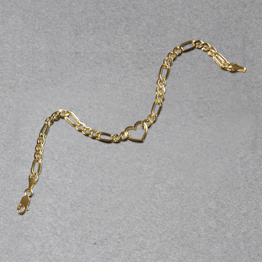 Brand New 14k Yellow Gold 7 inch Figaro Chain Bracelet with Heart (4.50 mm)