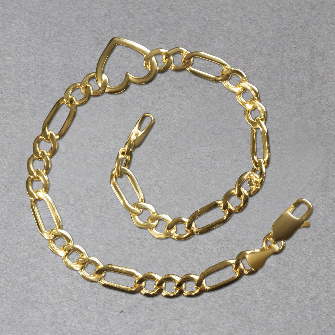 Brand New 14k Yellow Gold 7 inch Figaro Chain Bracelet with Heart (4.50 mm)