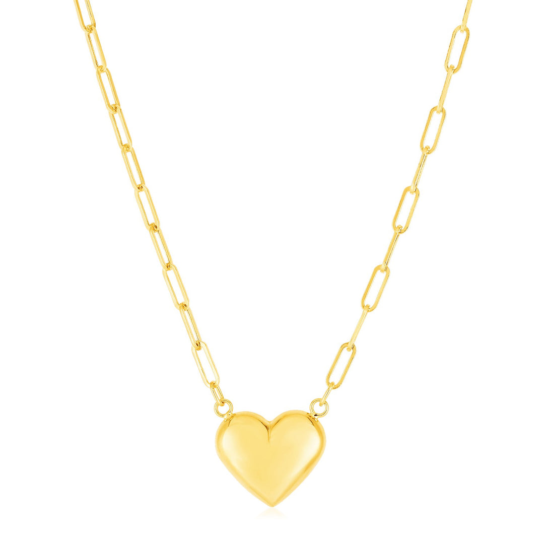 Brand New 14k Yellow Gold Paperclip Chain Necklace with Puffed Heart