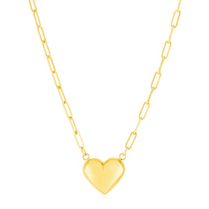 Brand New 14k Yellow Gold Paperclip Chain Necklace with Puffed Heart