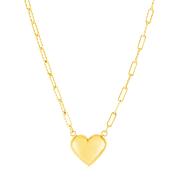 Brand New 14k Yellow Gold Paperclip Chain Necklace with Puffed Heart