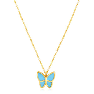 Brand New 14k Yellow Gold High Polish Butterfly Turquoise Paste Necklace