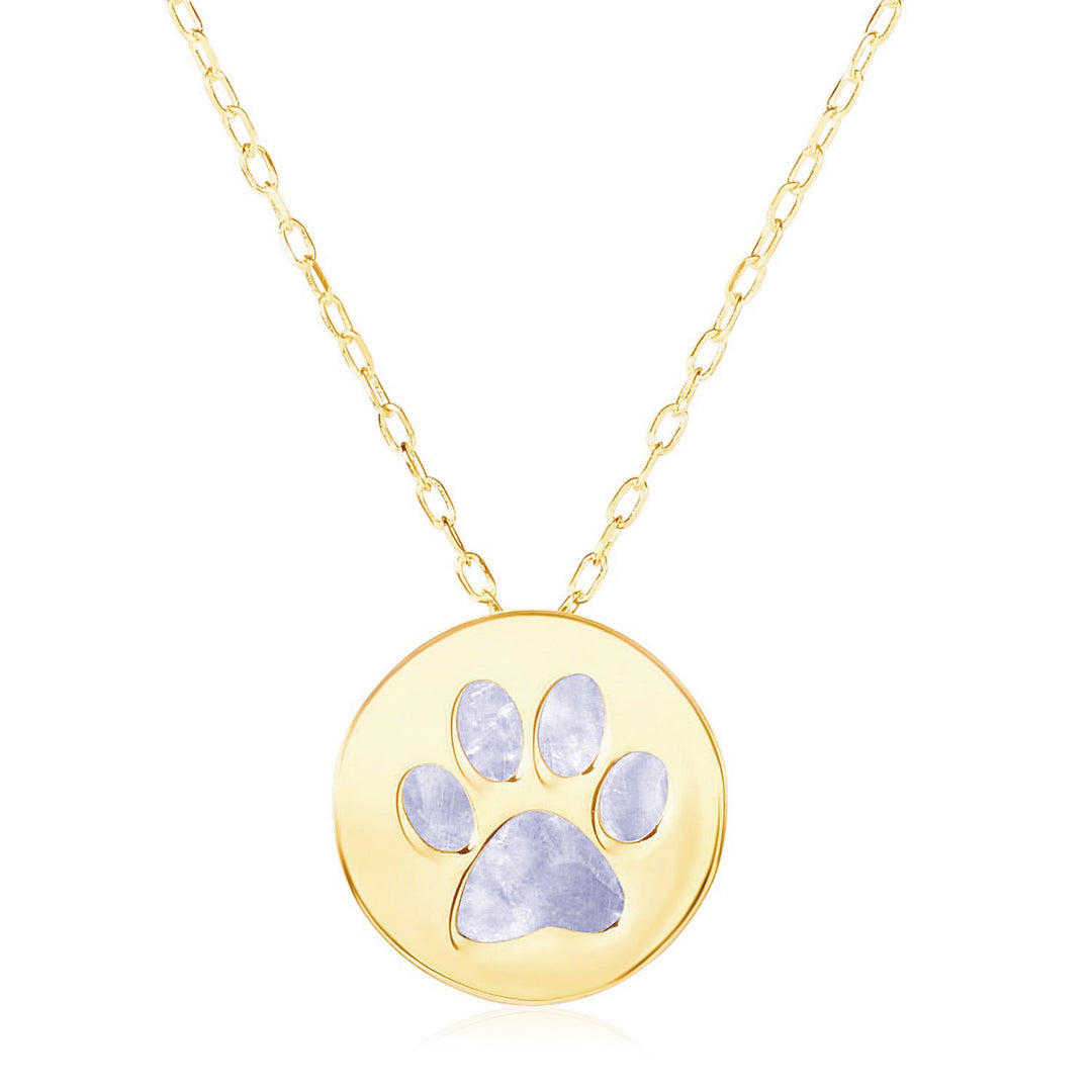 Brand New 14k Yellow Gold Necklace with Dog Paw Print Symbol in Mother of Pearl