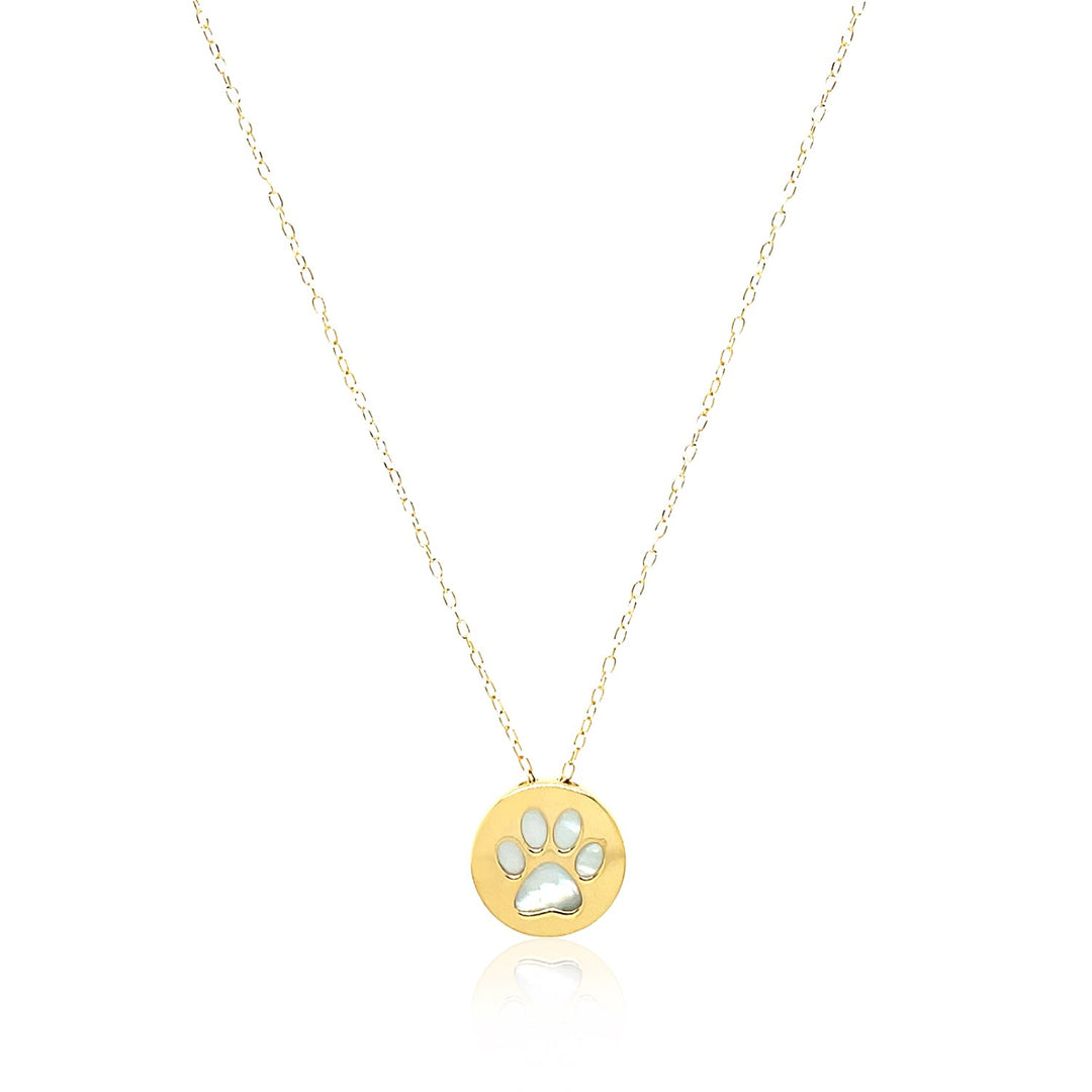 Brand New 14k Yellow Gold Necklace with Dog Paw Print Symbol in Mother of Pearl