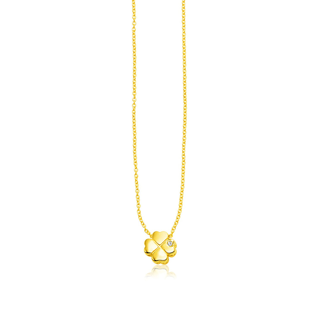 Brand New 14k Yellow Gold Polished Four Leaf Clover Necklace with Diamond