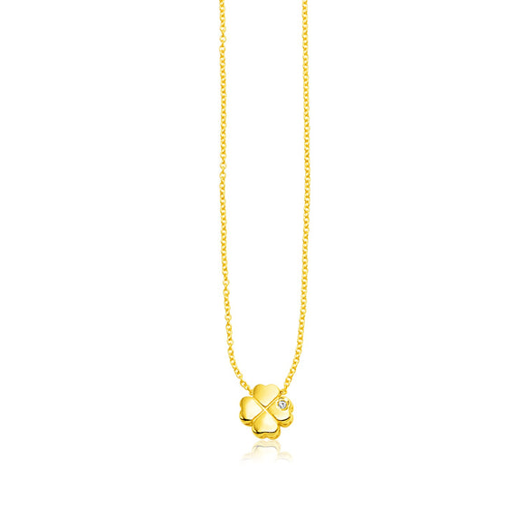 Brand New 14k Yellow Gold Polished Four Leaf Clover Necklace with Diamond