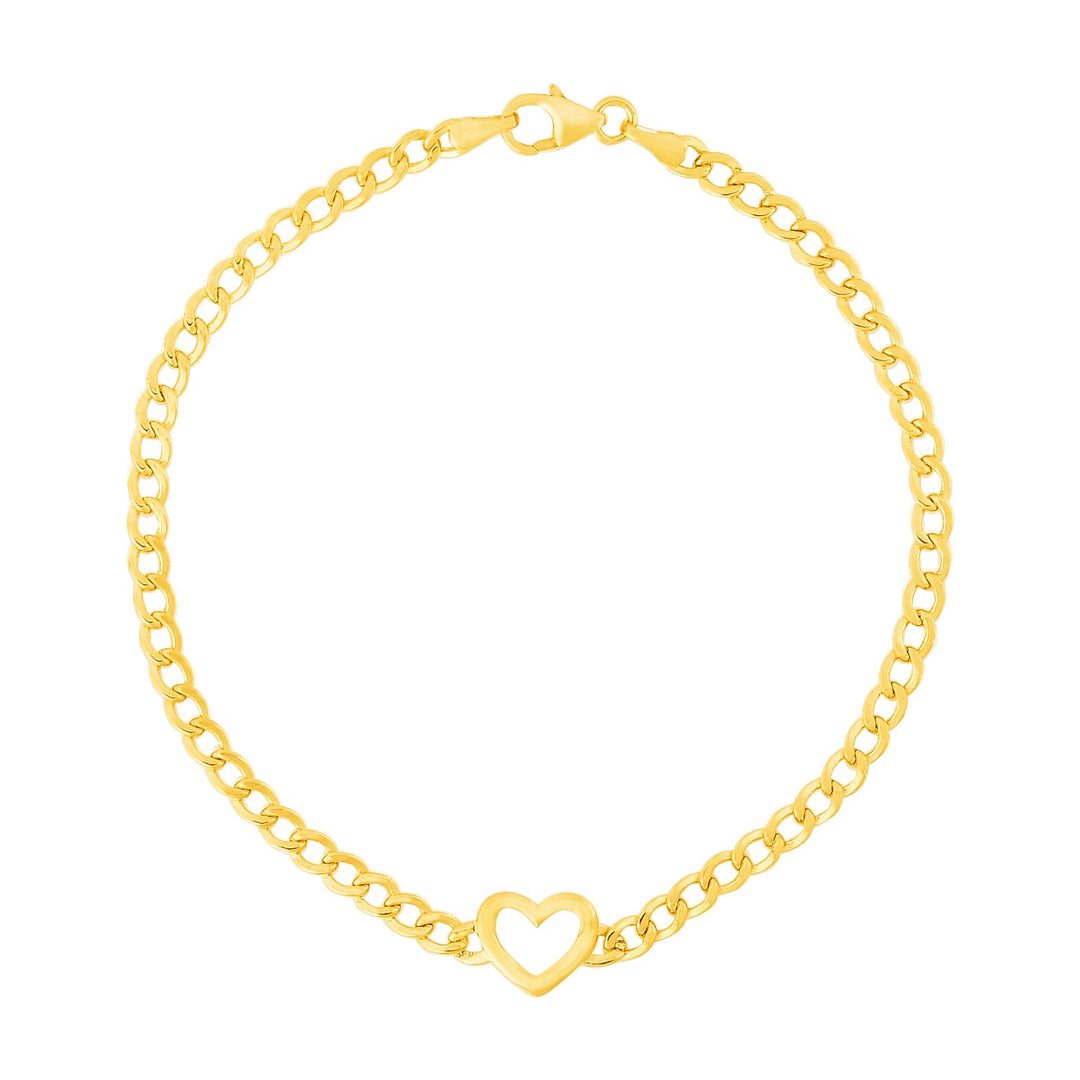 Brand New 14k Yellow Gold 7 inch Curb Chain Bracelet with Heart (3.40 mm)