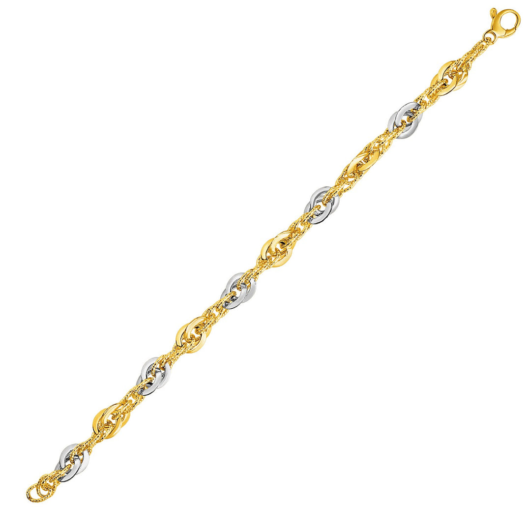 Brand New 14k Two-Tone Yellow and White Gold Double Link Textured Bracelet