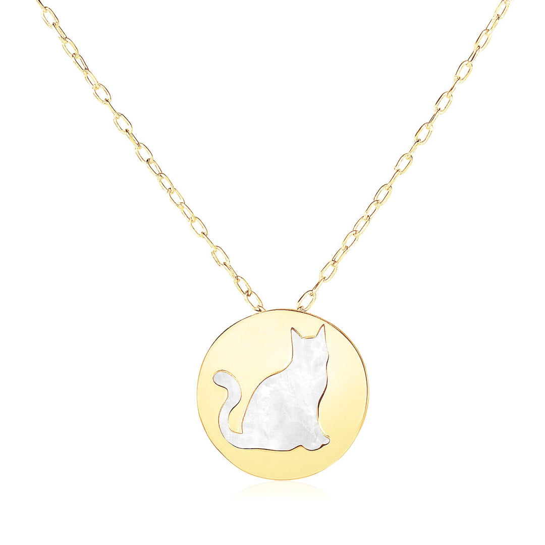 Brand New 14k Yellow Gold Necklace with Cat Symbol in Mother of Pearl