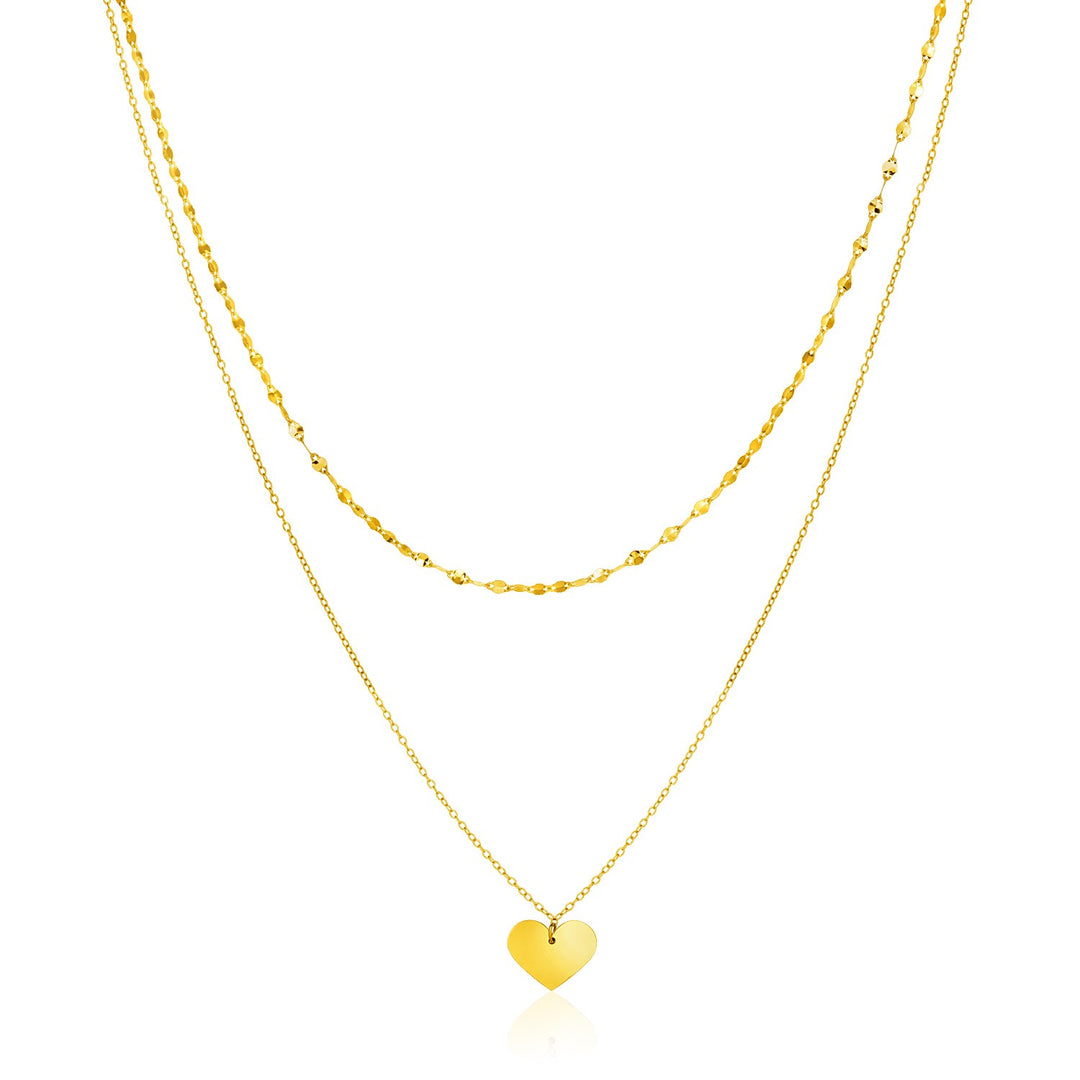 Brand New 14k Yellow Gold 18 inch Two Strand Necklace with Heart Pendant