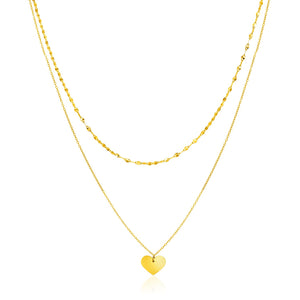 Brand New 14k Yellow Gold 18 inch Two Strand Necklace with Heart Pendant