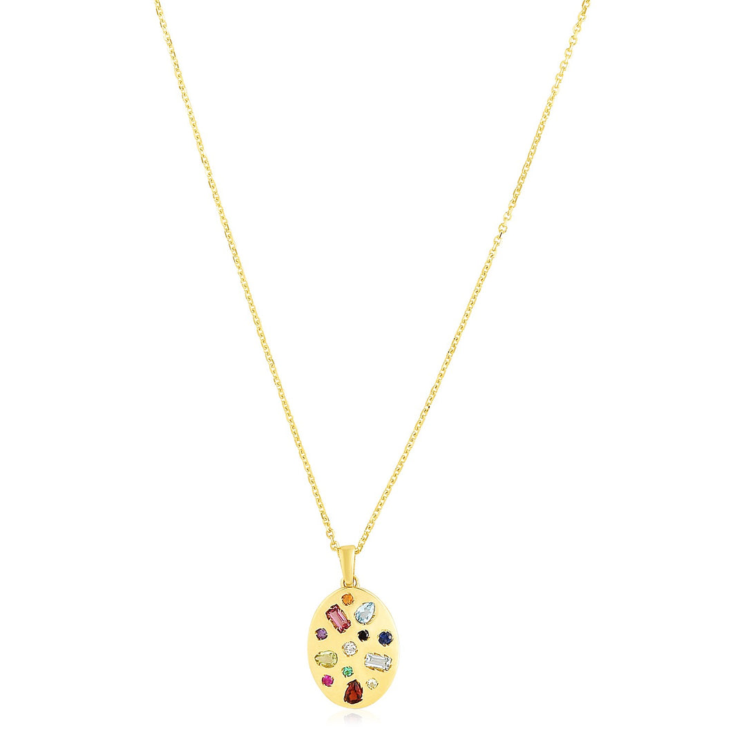 Brand New 14k Yellow Gold High Polish Oval Gemstone Inlay Necklace