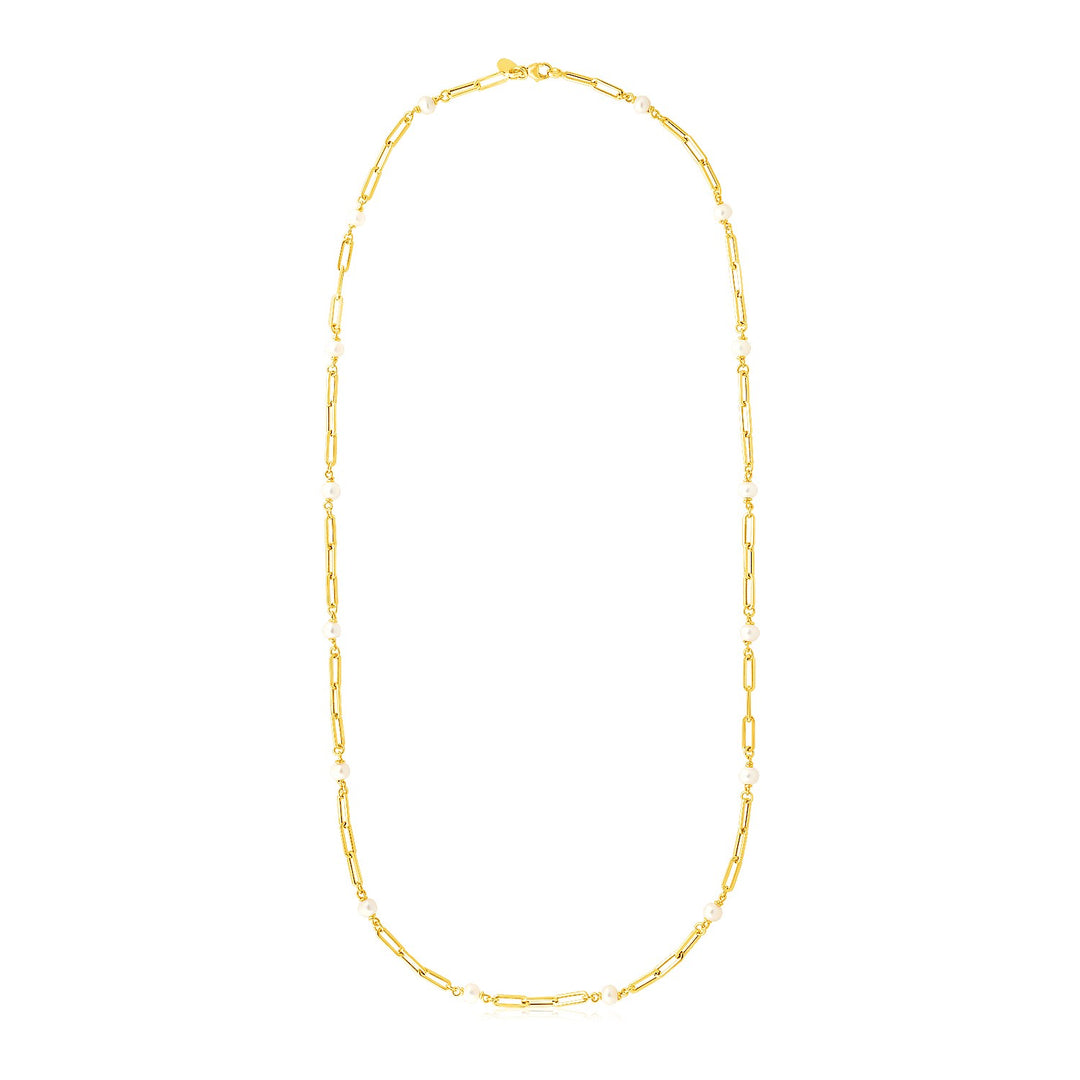 Brand New 14k Yellow Gold Paperclip Chain and Pearl Necklace