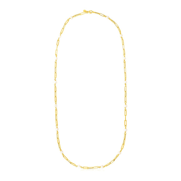 Brand New 14k Yellow Gold Paperclip Chain and Pearl Necklace