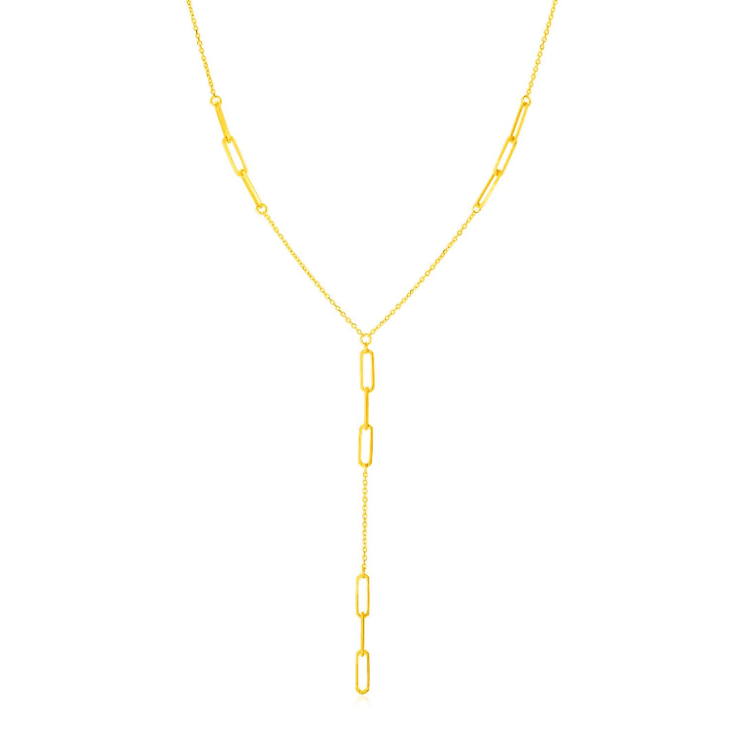 Brand New 14K Yellow Gold Lariat Necklace with Paperclip Chain Stations