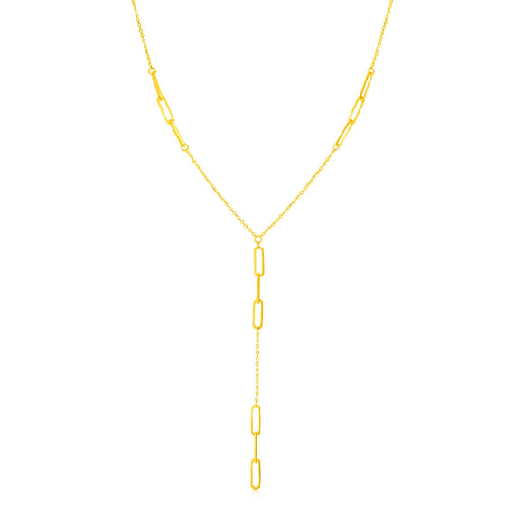 Brand New 14K Yellow Gold Lariat Necklace with Paperclip Chain Stations