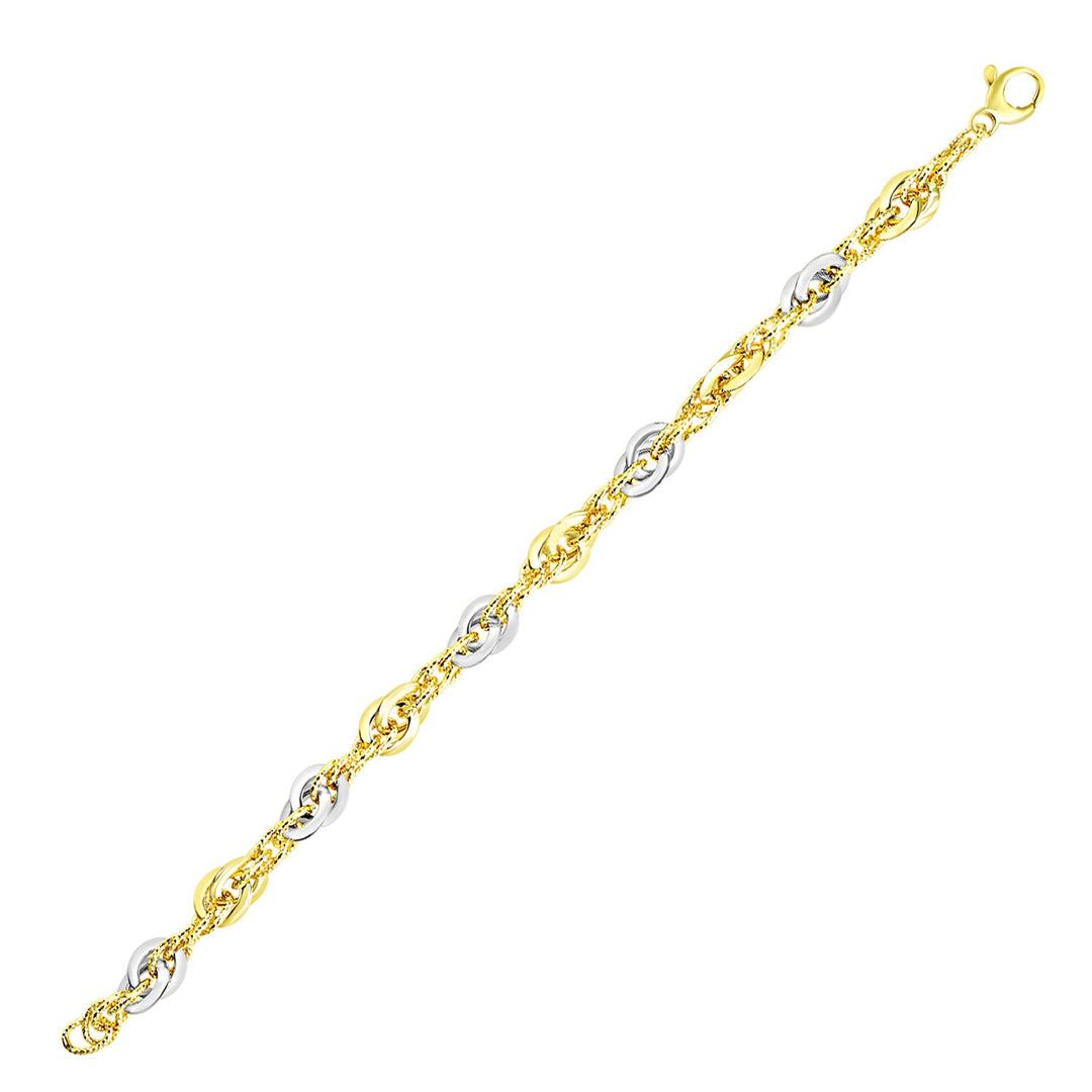 Brand New 14k Two-Tone Gold Interlaced Smooth and Textured Link Bracelet (10.00 mm)