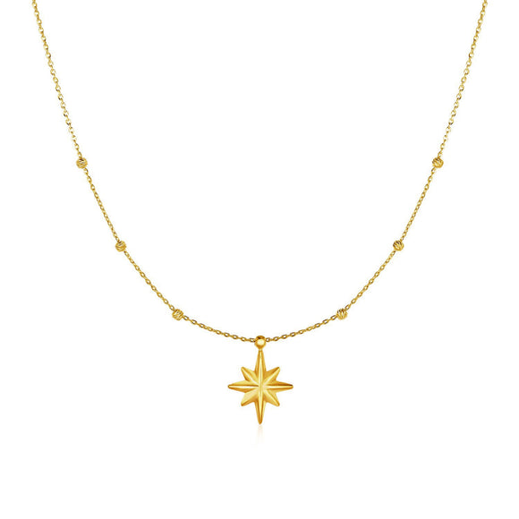 14k Yellow Gold Necklace with Eight Pointed Star and Beads