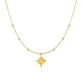 14k Yellow Gold Necklace with Eight Pointed Star and Beads