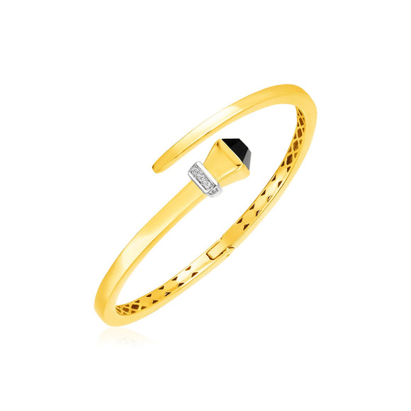 Brand New 14k Yellow Gold Crossover Style Hinged Bangle Bracelet with Onyx (3.40 mm)