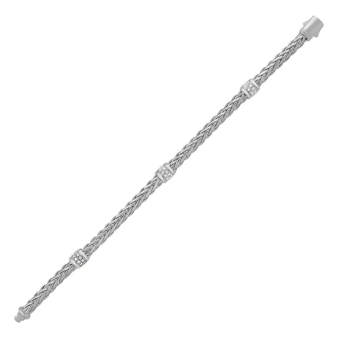 Brand New Polished Woven Rope Bracelet with Diamond Accents in 14k White Gold