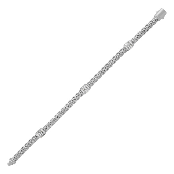 Brand New Polished Woven Rope Bracelet with Diamond Accents in 14k White Gold