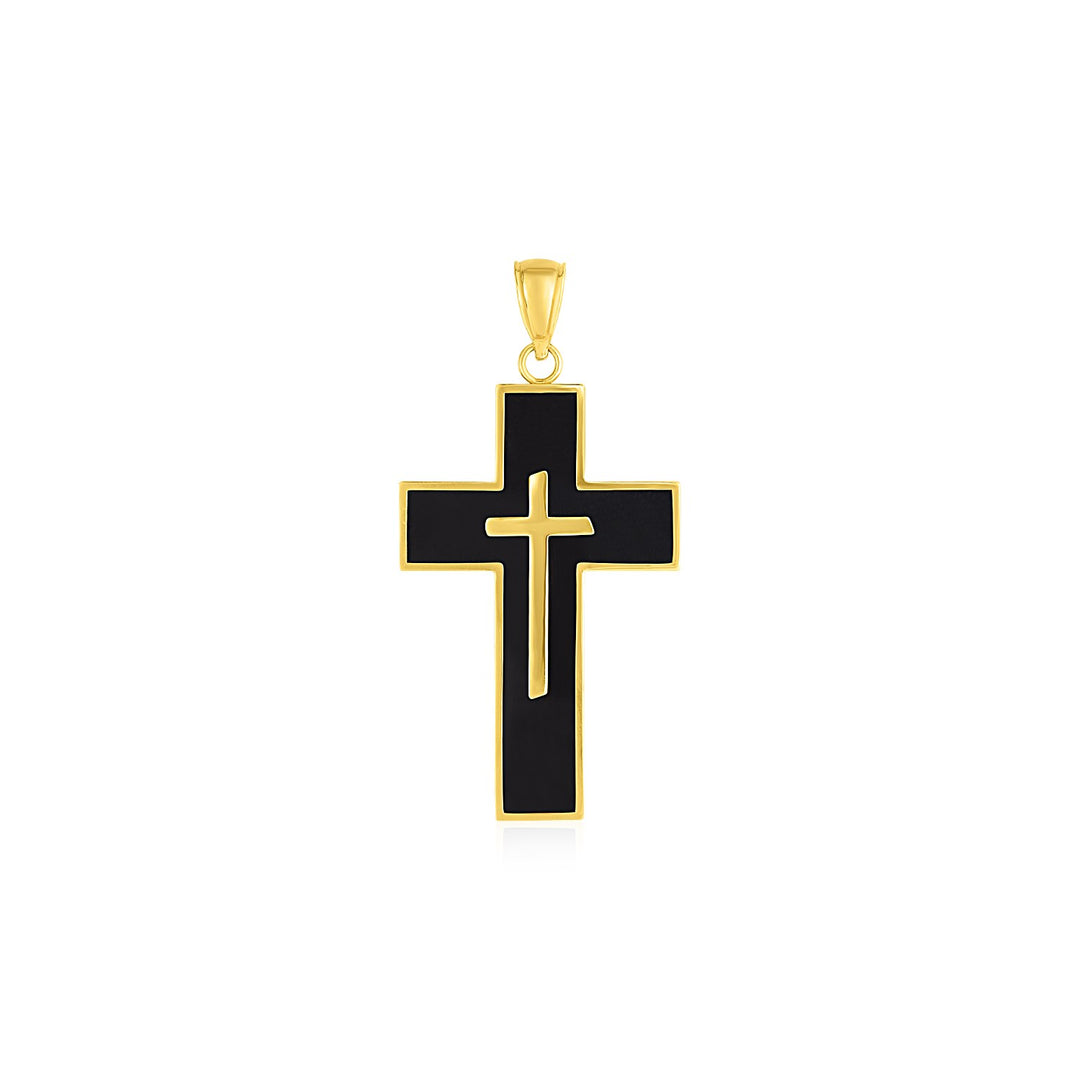 Brand New Cross Pendant with Black Enamel in 14k Yellow Gold