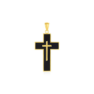 Brand New Cross Pendant with Black Enamel in 14k Yellow Gold