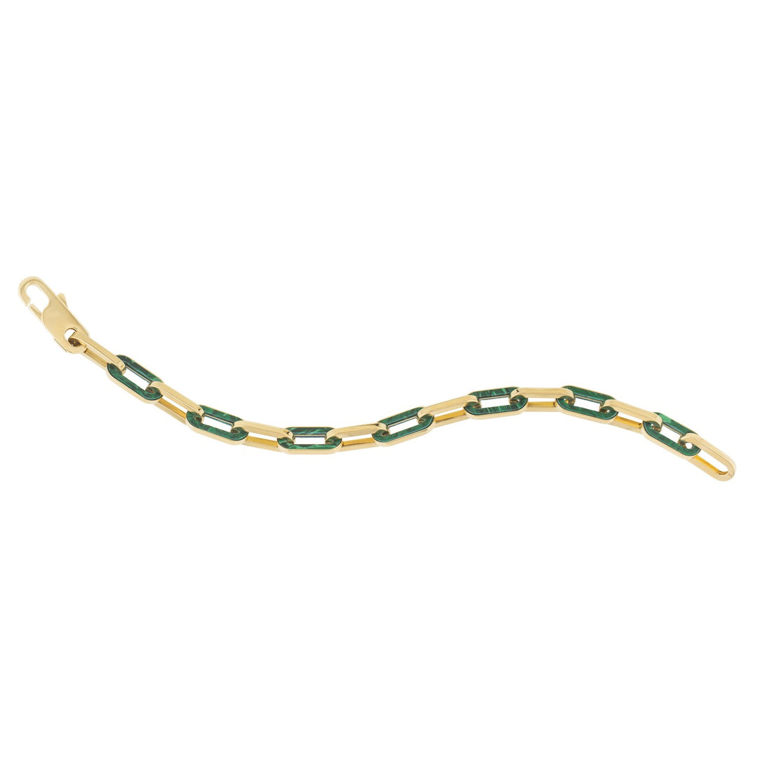 Brand New 14k Yellow Gold Malachite Paperclip Gem Link Bracelet (7.00 mm)