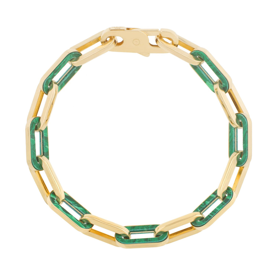 Brand New 14k Yellow Gold Malachite Paperclip Gem Link Bracelet (7.00 mm)